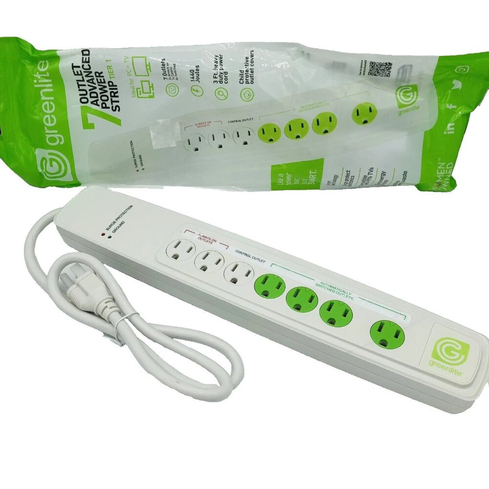 Greenlite Advanced Power Saver Strip 7 Outlets Sensing Extension Cord Bar Surge